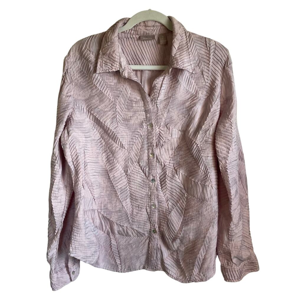 Chico’s Pink Blouse Top Sz L Textured Pleated Shimmer Button Up Collar Unique